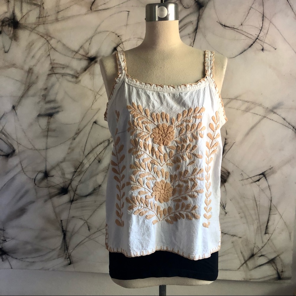 White and Tan Mexican Embroidered Tank Top. Rare find!